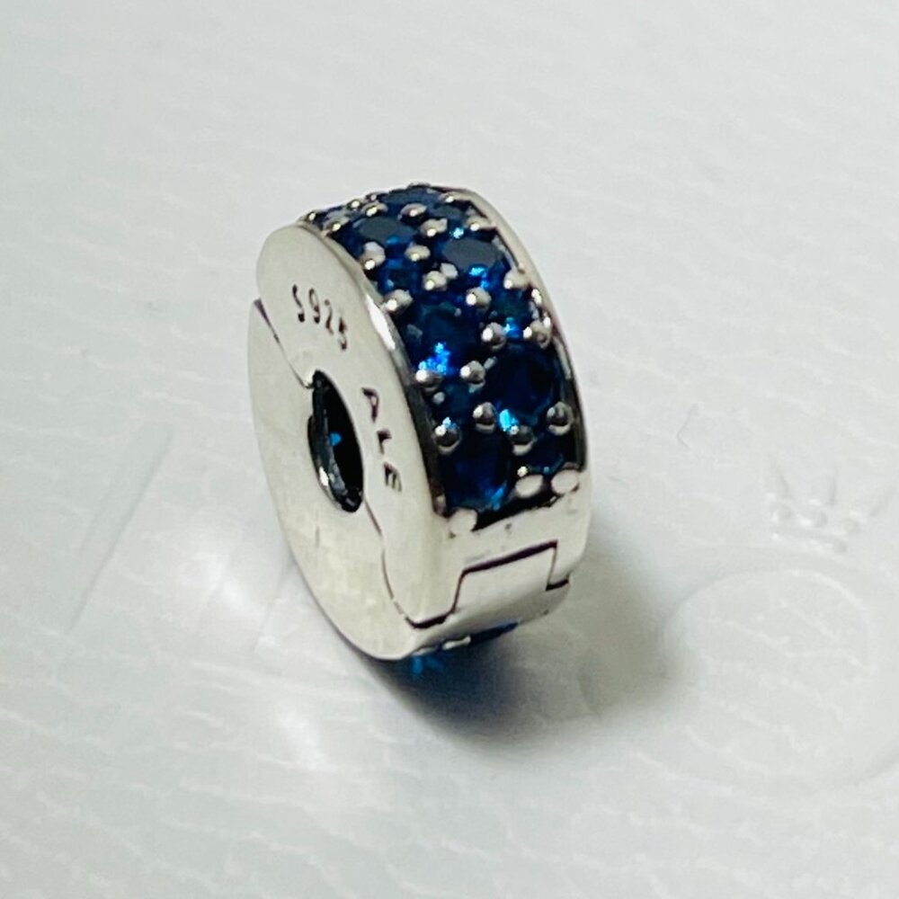 Royal London Blue Pave Clip CZ Pandora Charm w Silicone Grip July 4th Celebrate
